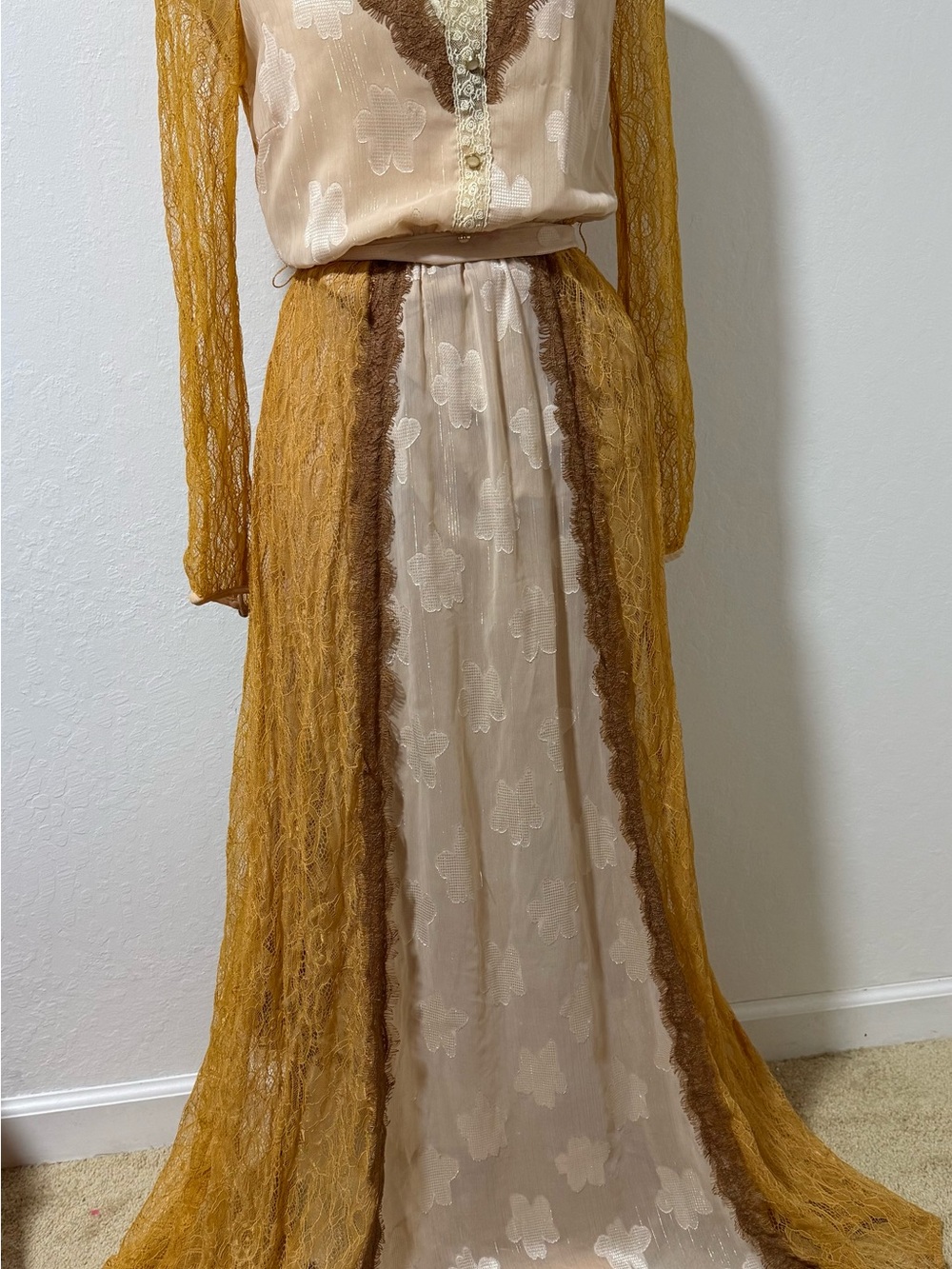 Champagne & Strawberry Vintage-Inspired Mustard Lace Panel Maxi Skirt